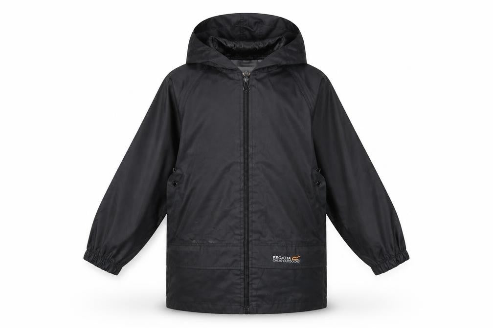 Front view of Regatta boys’ black waterproof rain coat 2 years