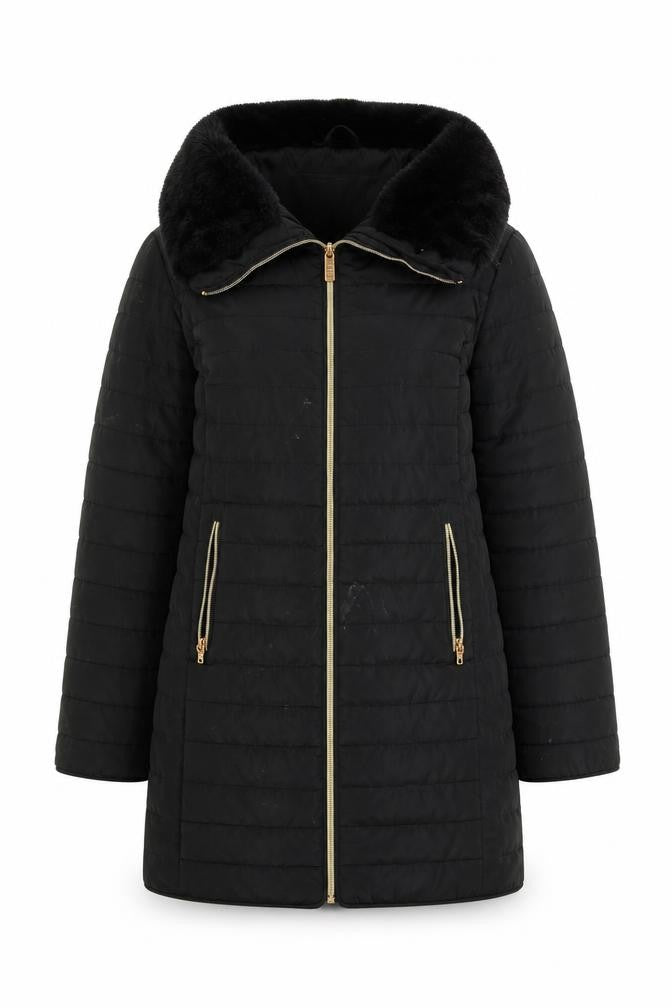 ELLE Women's Black Puffer Jacket, Size 10, Fur Trim, Winter