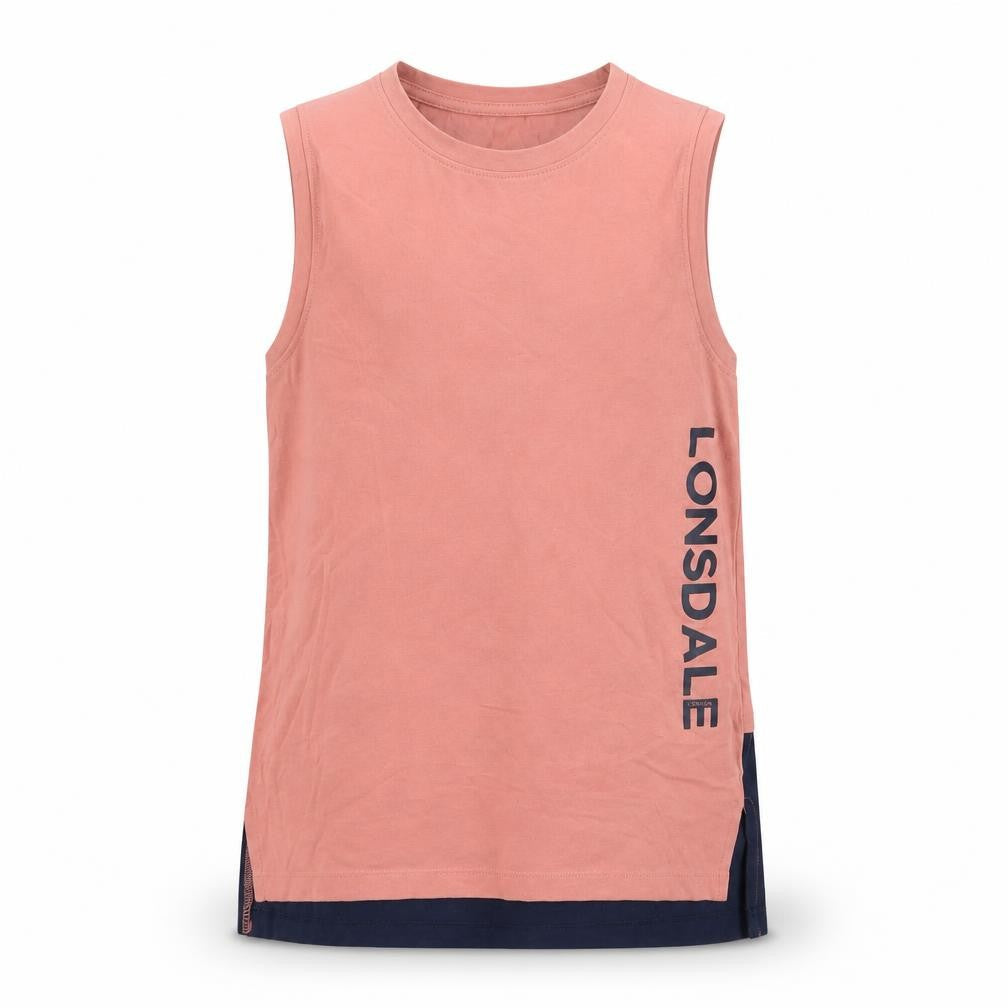 Front view of Lonsdale Pink girls’ tank top 11-12 years sleeveless logo