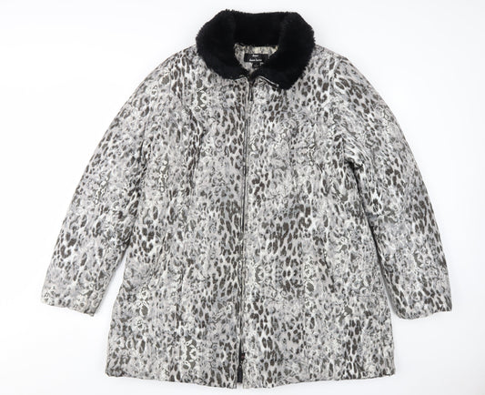Dennis Basso Women's Grey Animal Print Puffer Coat L