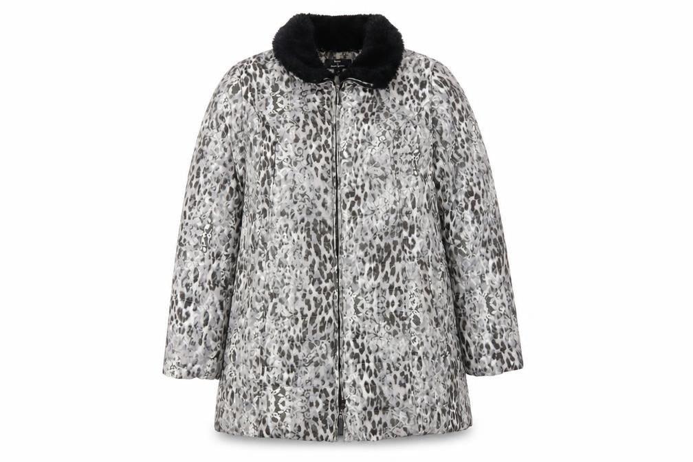 Dennis Basso Women's Grey Animal Print Puffer Coat L