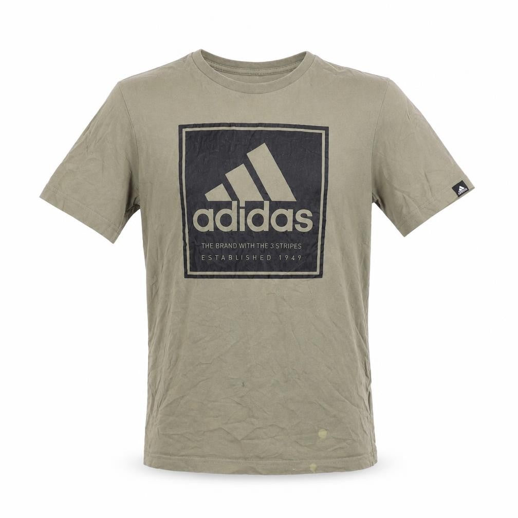 Front view of adidas boys’ green t-shirt, 13-14 years, logo graphic, casual wear