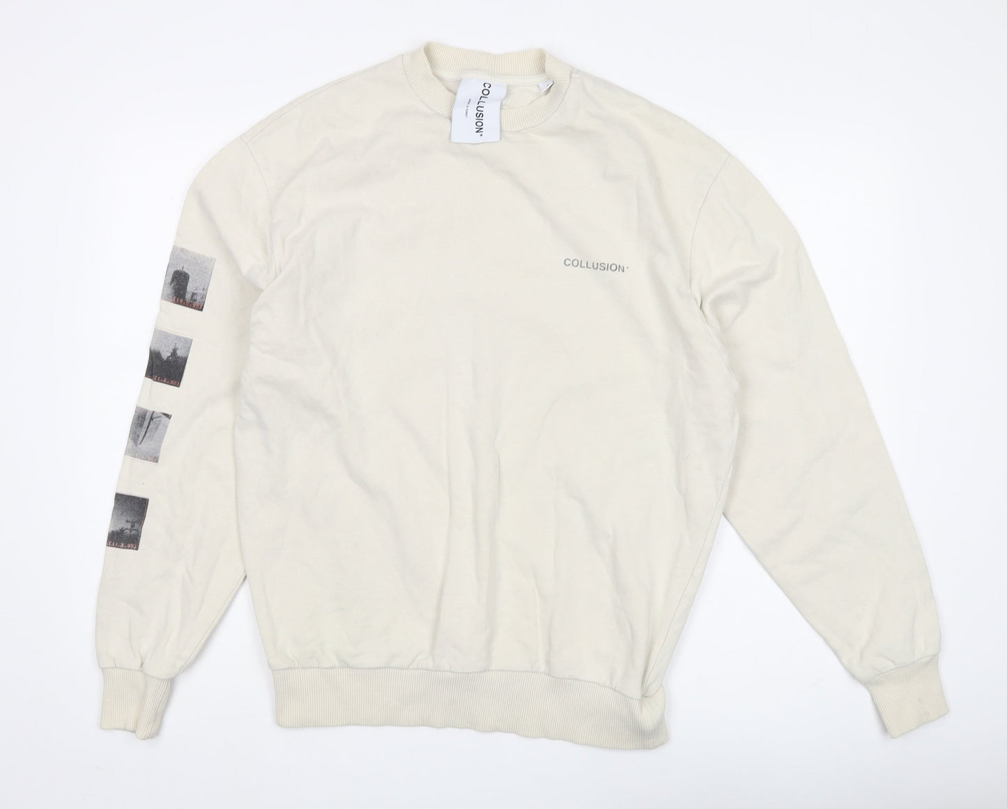 Collusion Unisex Beige Graphic Logo Pullover Sweatshirt XS
