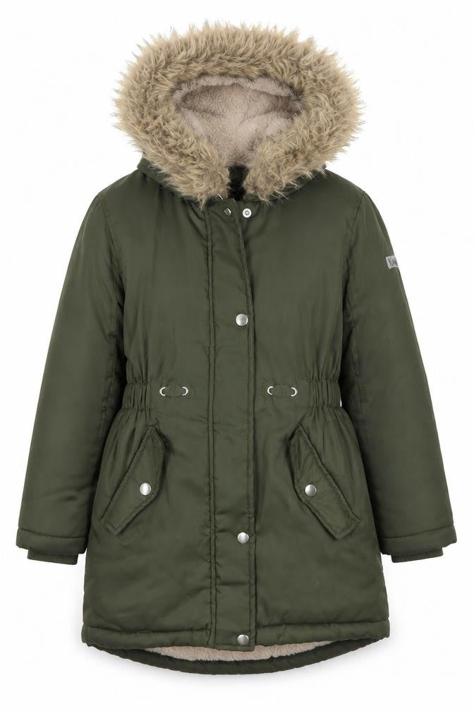 Front view of Maine New England girls’ green parka coat with fur trim, 7-8 years