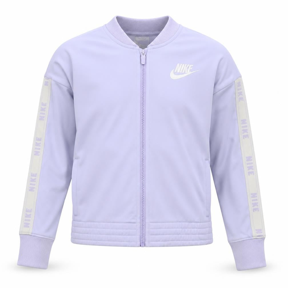 Front view of Nike girls’ purple track jacket, size 146