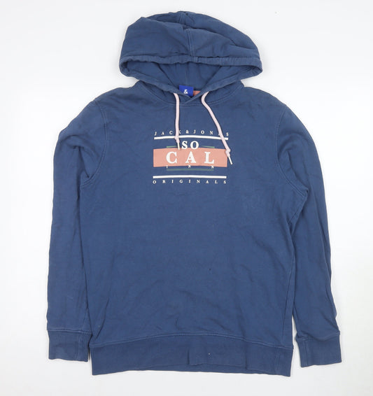 Jack & Jones Men's Blue Hoodie, Size L, Graphic Logo Pullover
