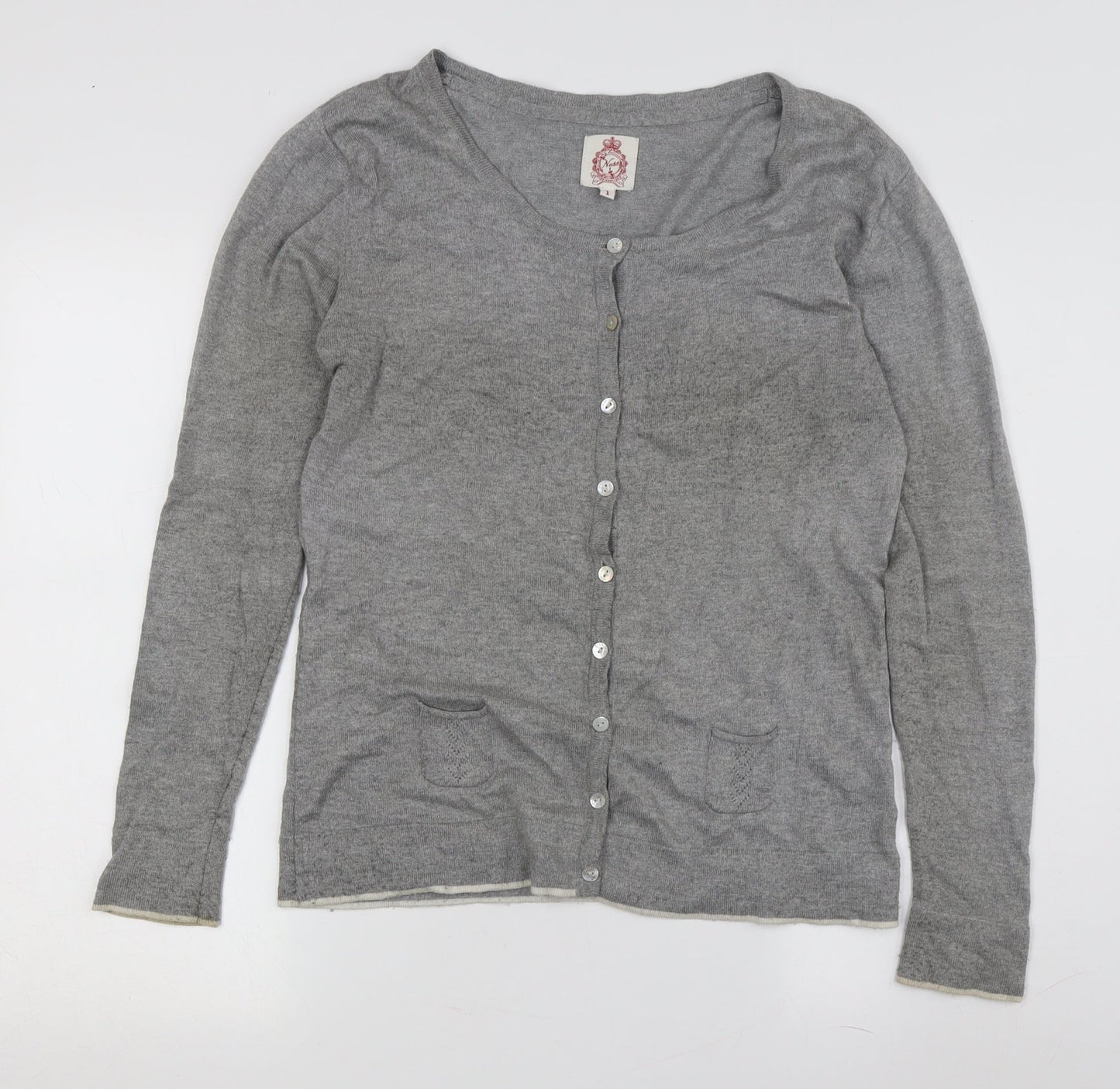 Yosh Women's Grey Cardigan, Size 2, Round Neck, Button Accent