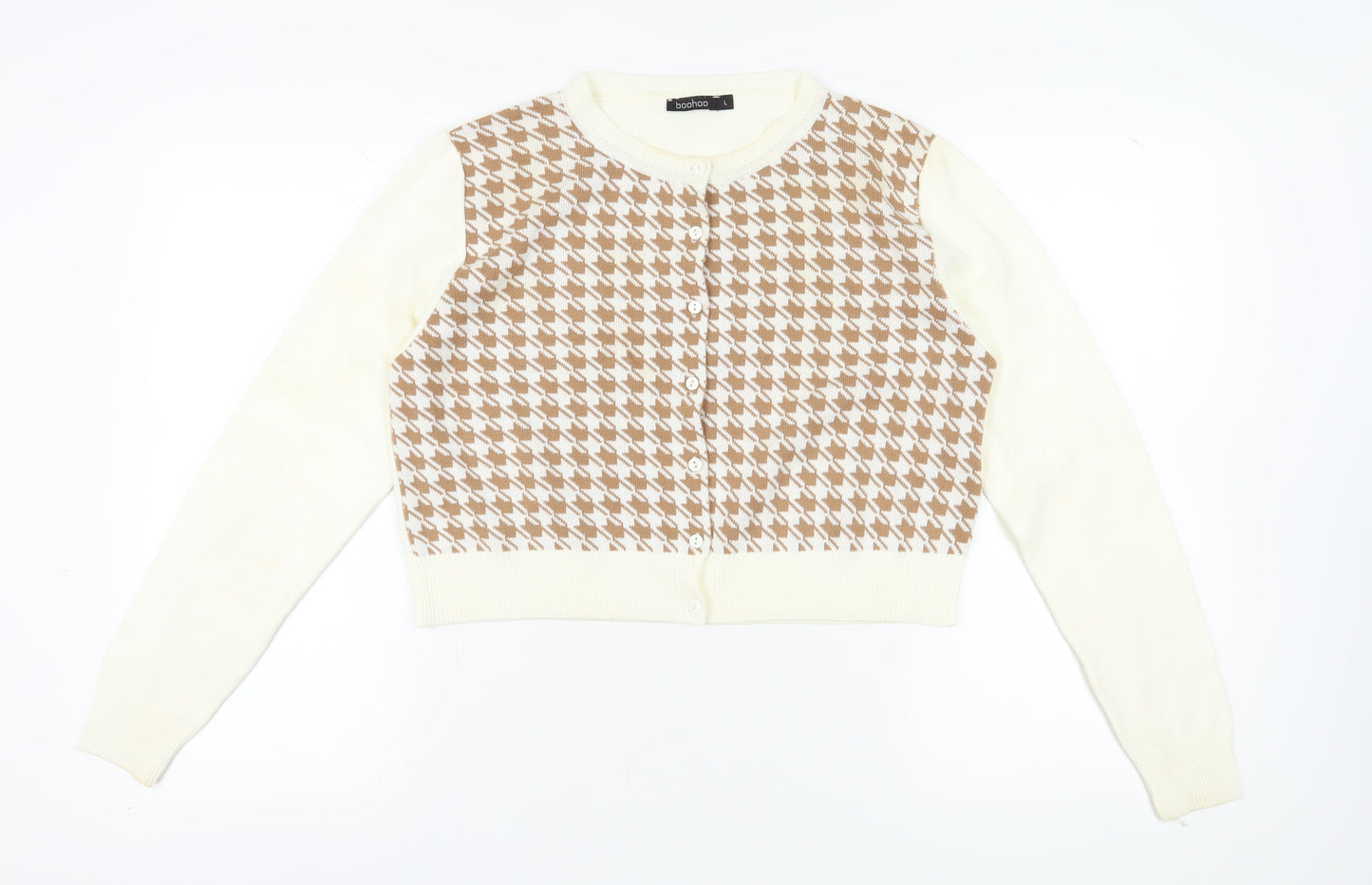 Boohoo Women's Beige Check Cardigan - Size L