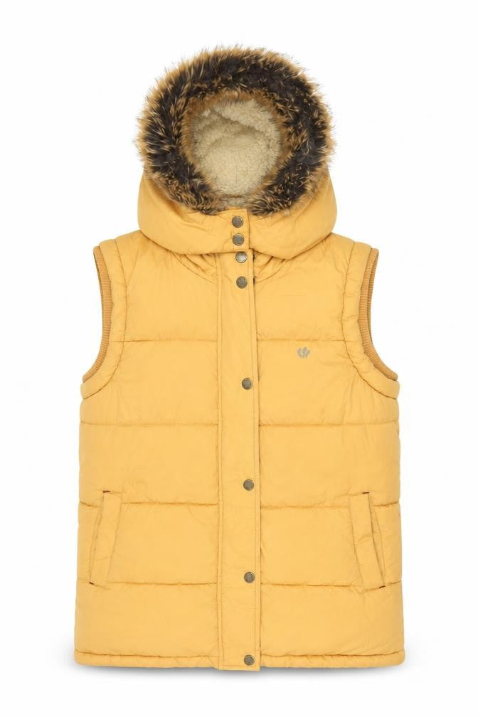 Front view of FatFace girls’ yellow puffer jacket 11 years hooded faux fur