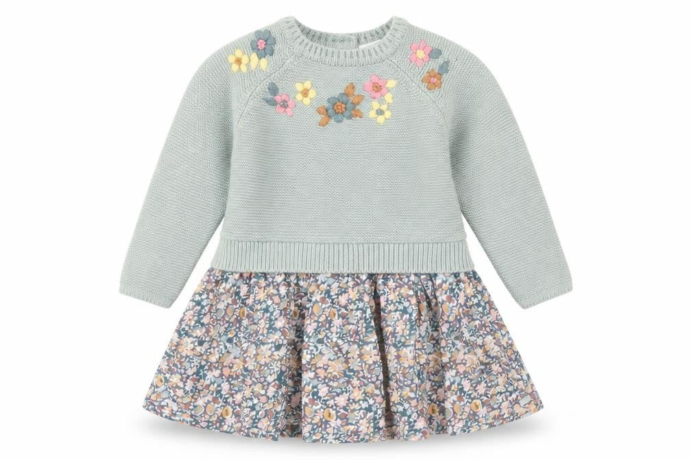 Front view of Next girls’ green floral knit dress 3-6 months, long sleeve