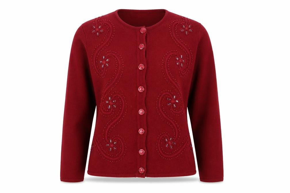BJM Red Women's Cardigan M Acrylic Beaded Buttons