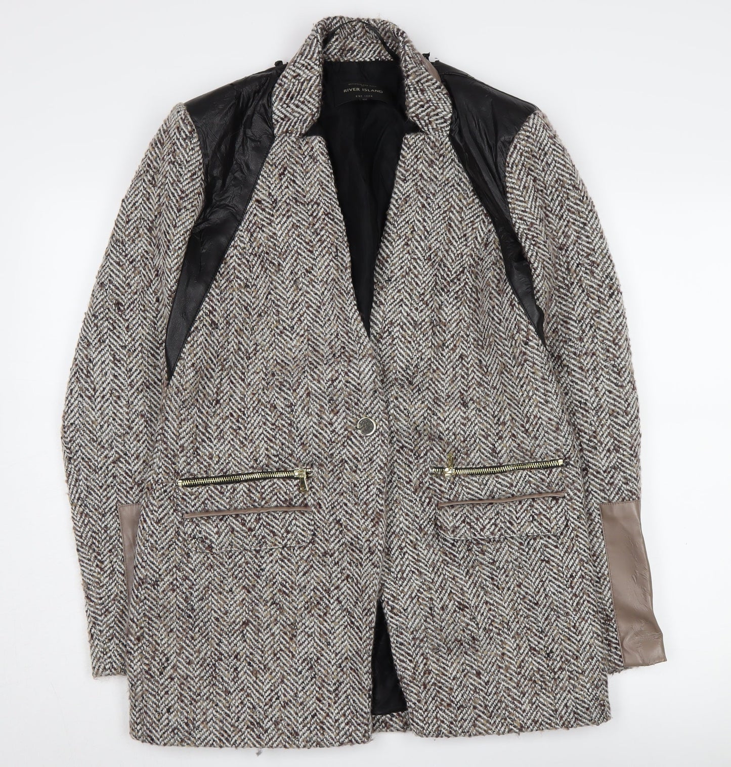 River Island Women's Grey Herringbone Long Blazer Coat Size 12