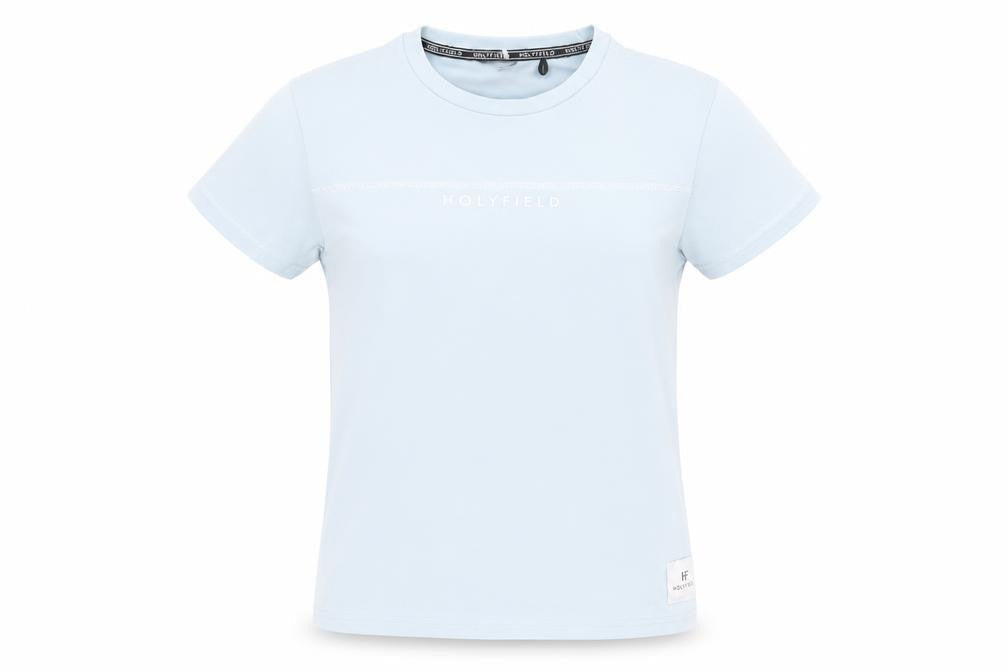 Front view of Holyfield girls’ blue xs basic t-shirt with logo
