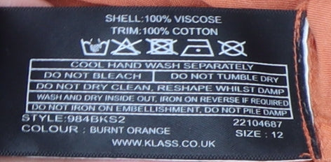 Womens UK Size 12 Klass Orange Viscose Blend Blouse