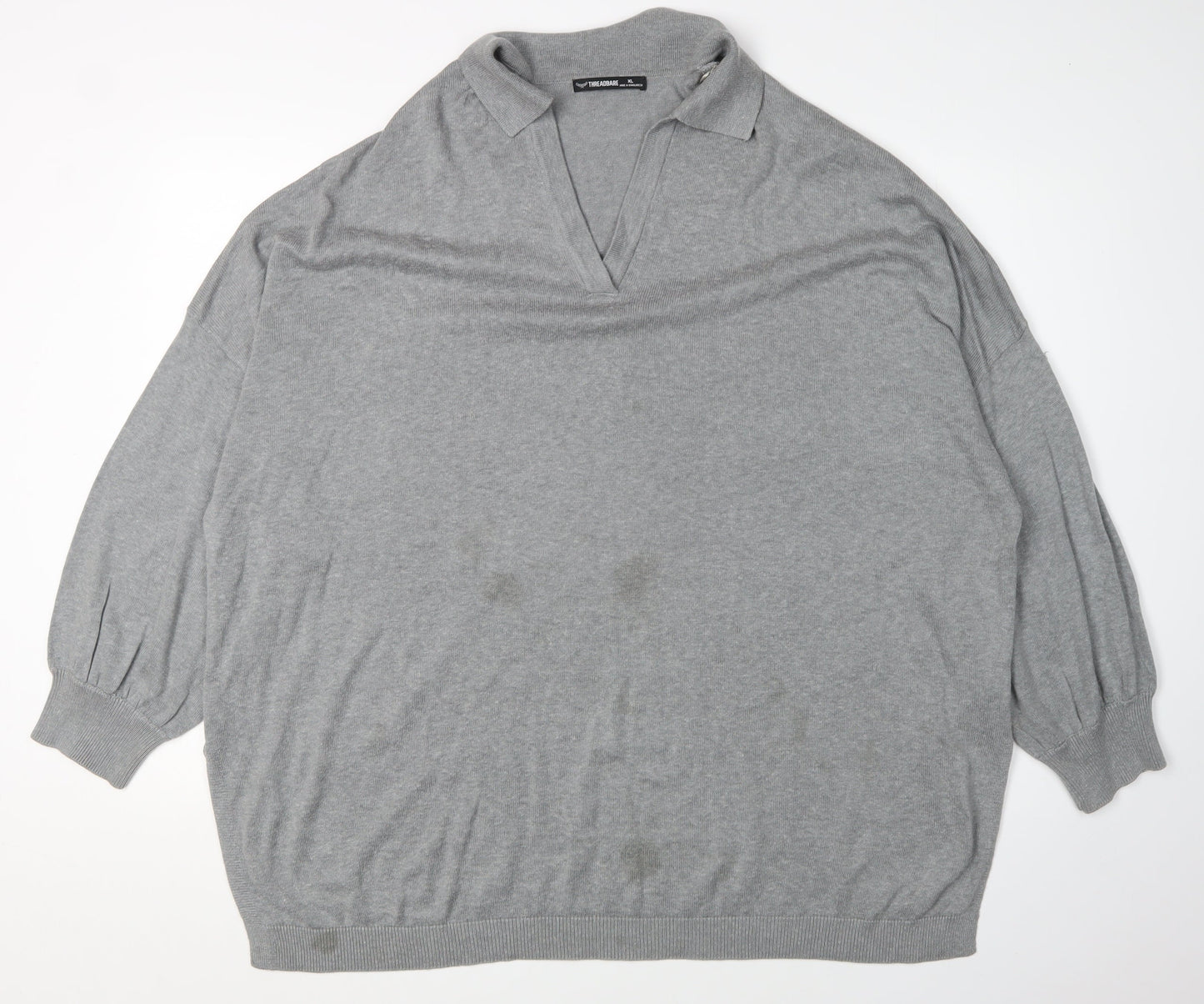 Threadbare Women's Grey Chunky-Knit V-Neck Jumper XL