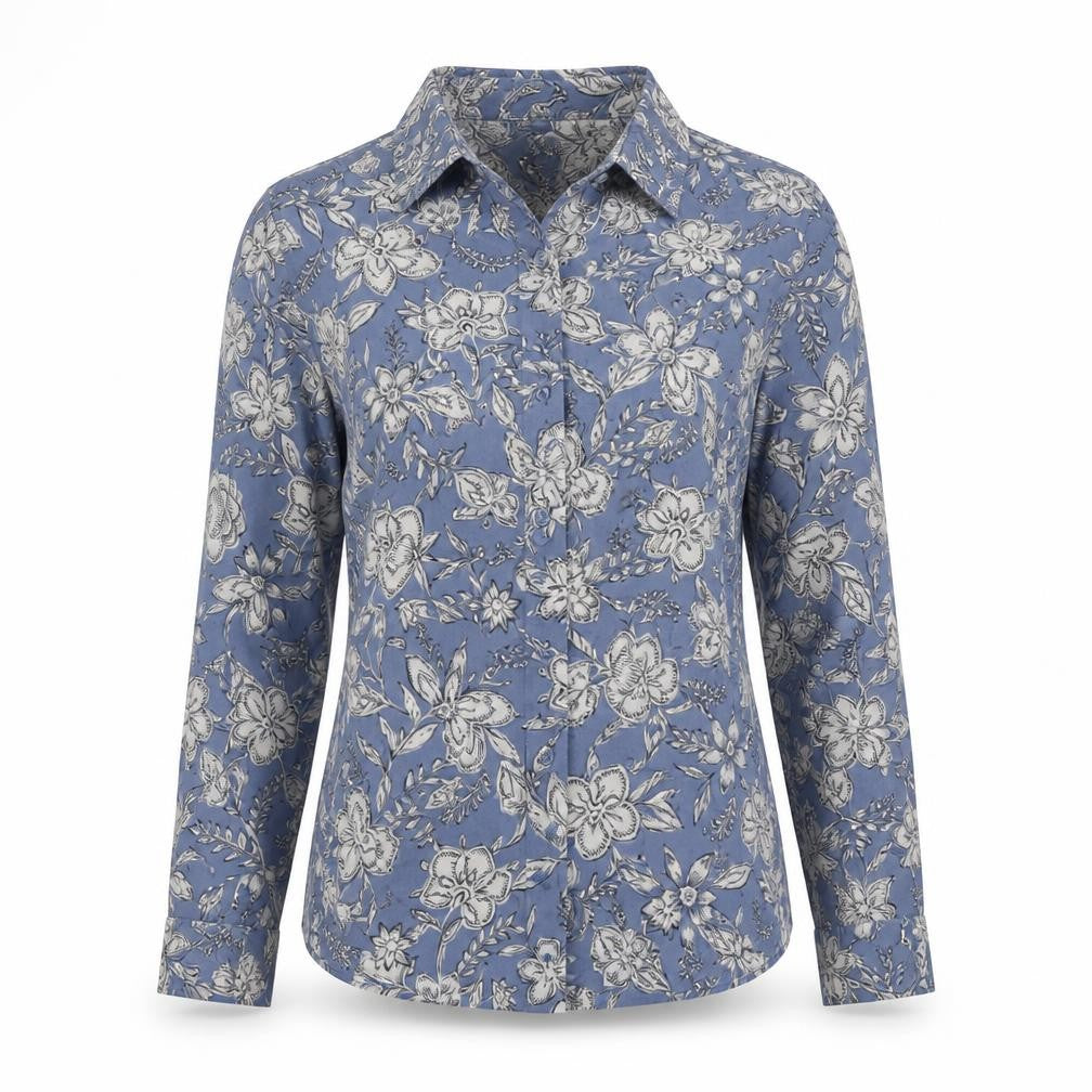Marks and Spencer Women's Floral Blue Button-Up Shirt