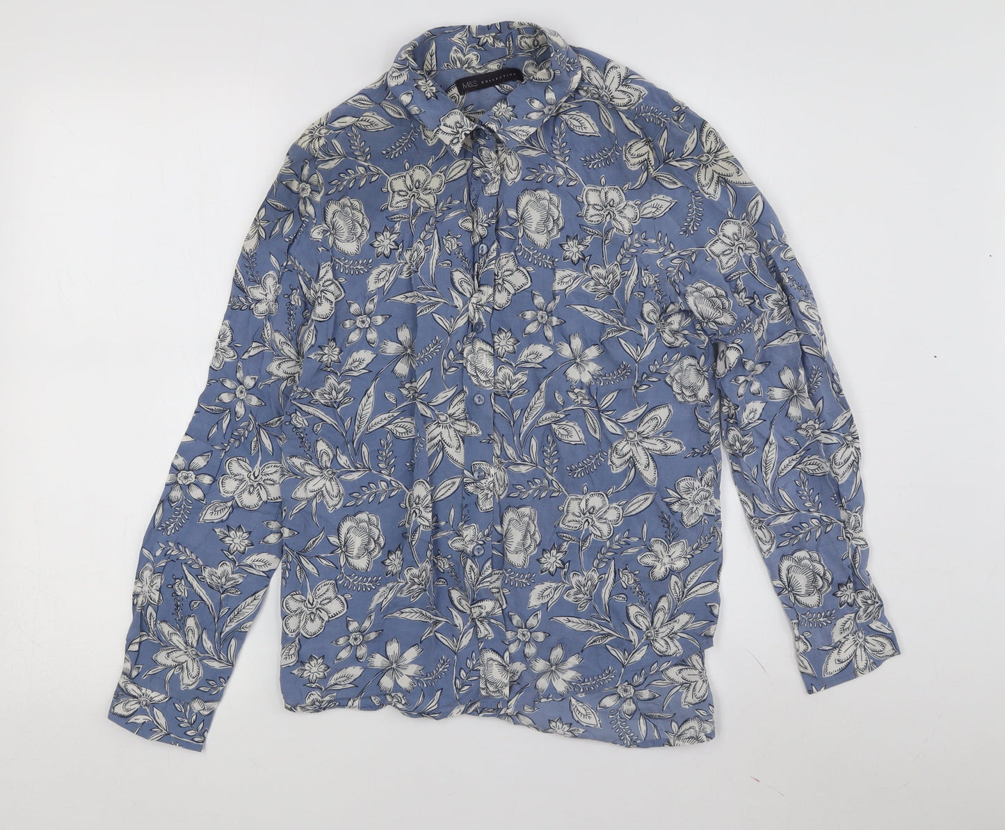 Marks and Spencer Women's Floral Blue Button-Up Shirt