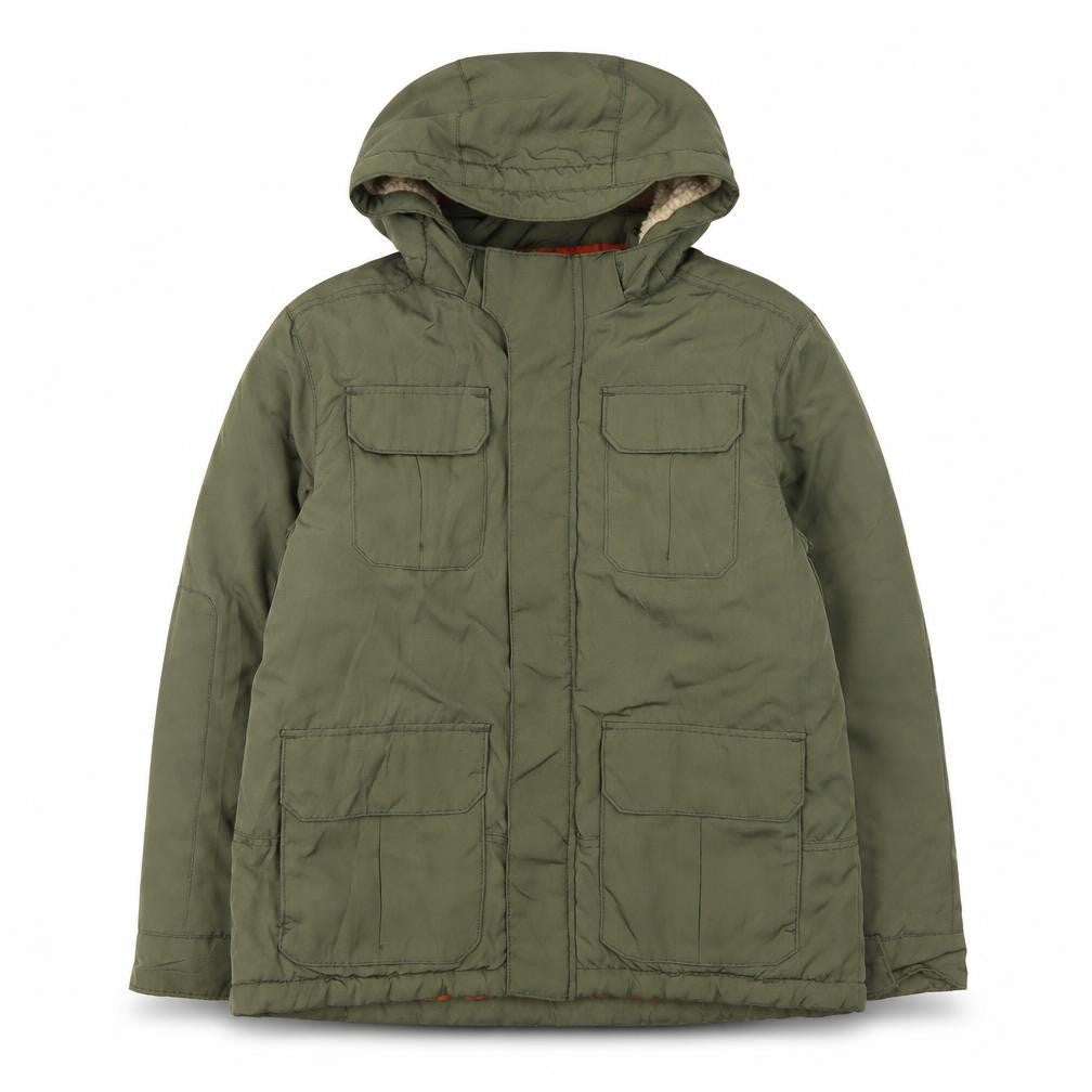 Front view of H&M boys’ green mid-length parka jacket 11 years hooded