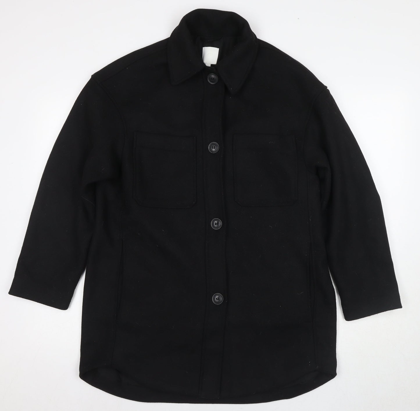 H&M Men's Black Wool Coat, 2XS, Mid-Length, Collared