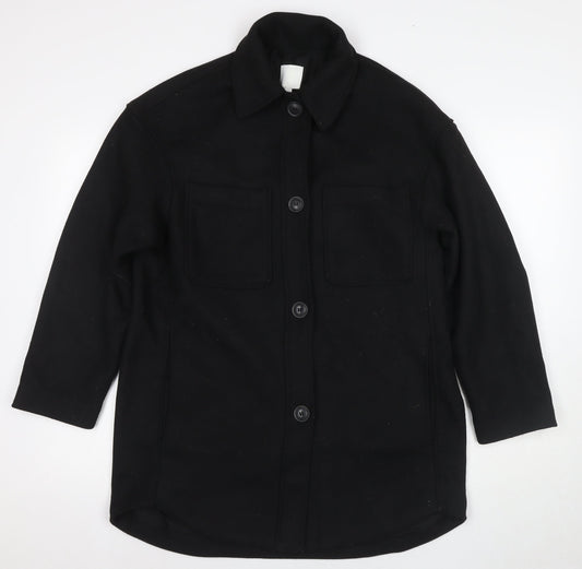 H&M Men's Black Wool Coat, 2XS, Mid-Length, Collared