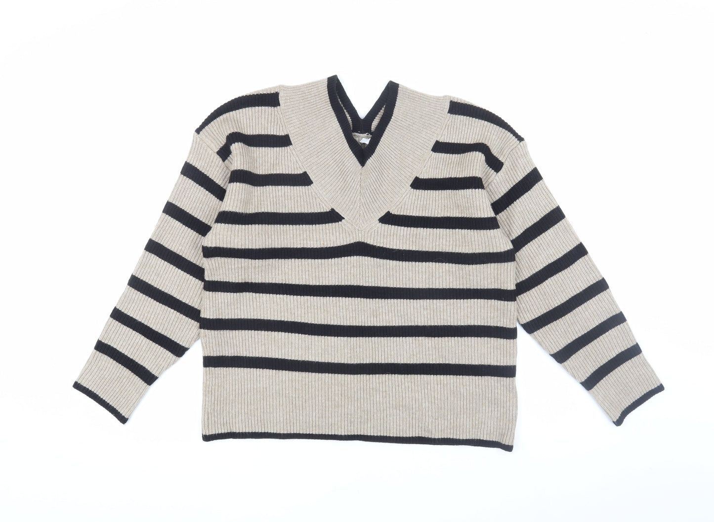 Next Women's Beige Striped V-Neck Pullover - Size 12
