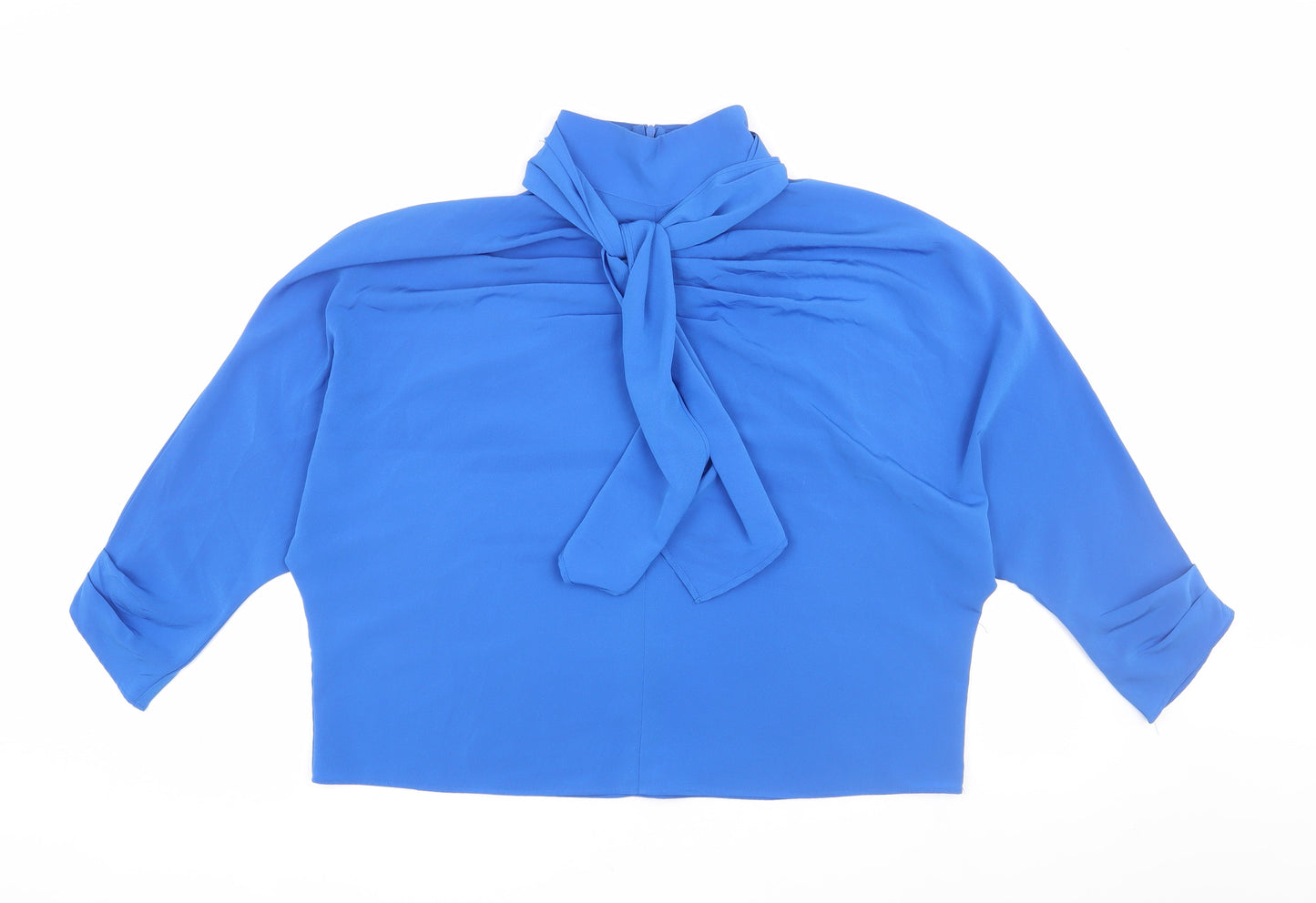 Zara Women's Blue High Neck Blouse, Size 2, Bow Accent