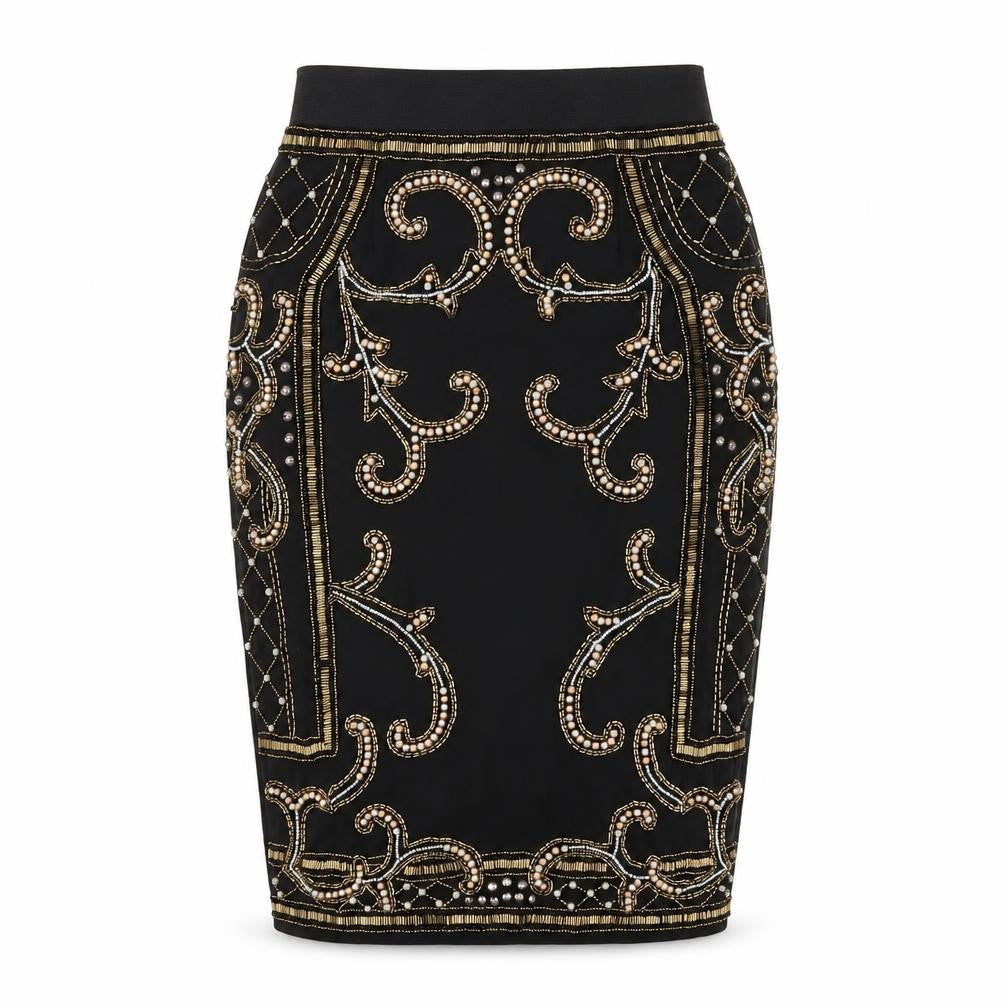 Front view of Miss Selfridge Black Beaded Women's Pencil Skirt, size 10