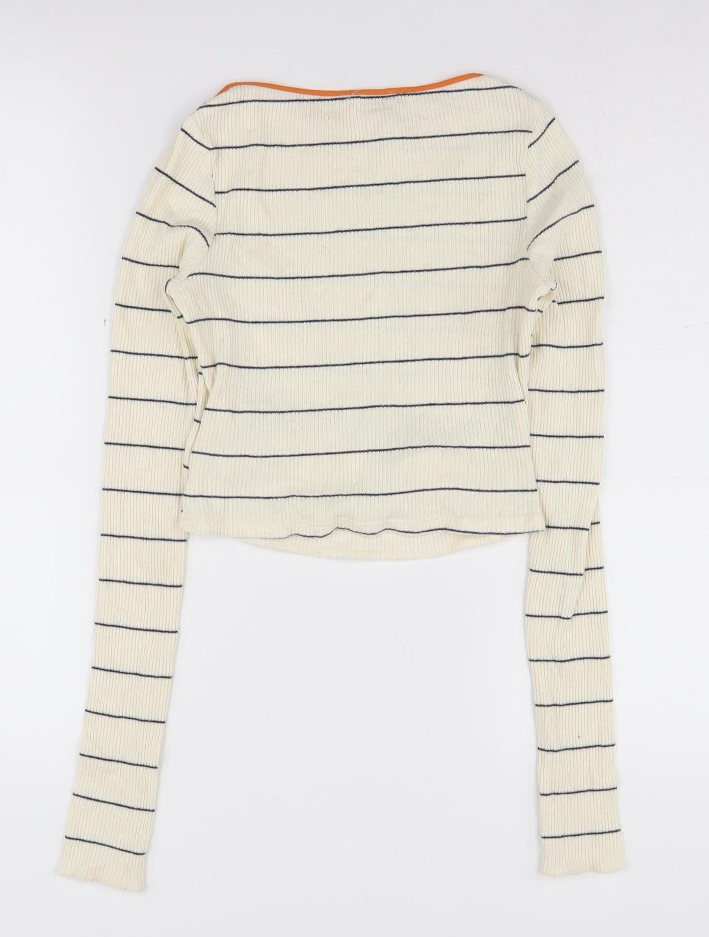 Zara Women's Ivory Striped Long Sleeve T-Shirt M