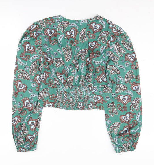 Stradivarius Women's Green Paisley Cropped Blouse