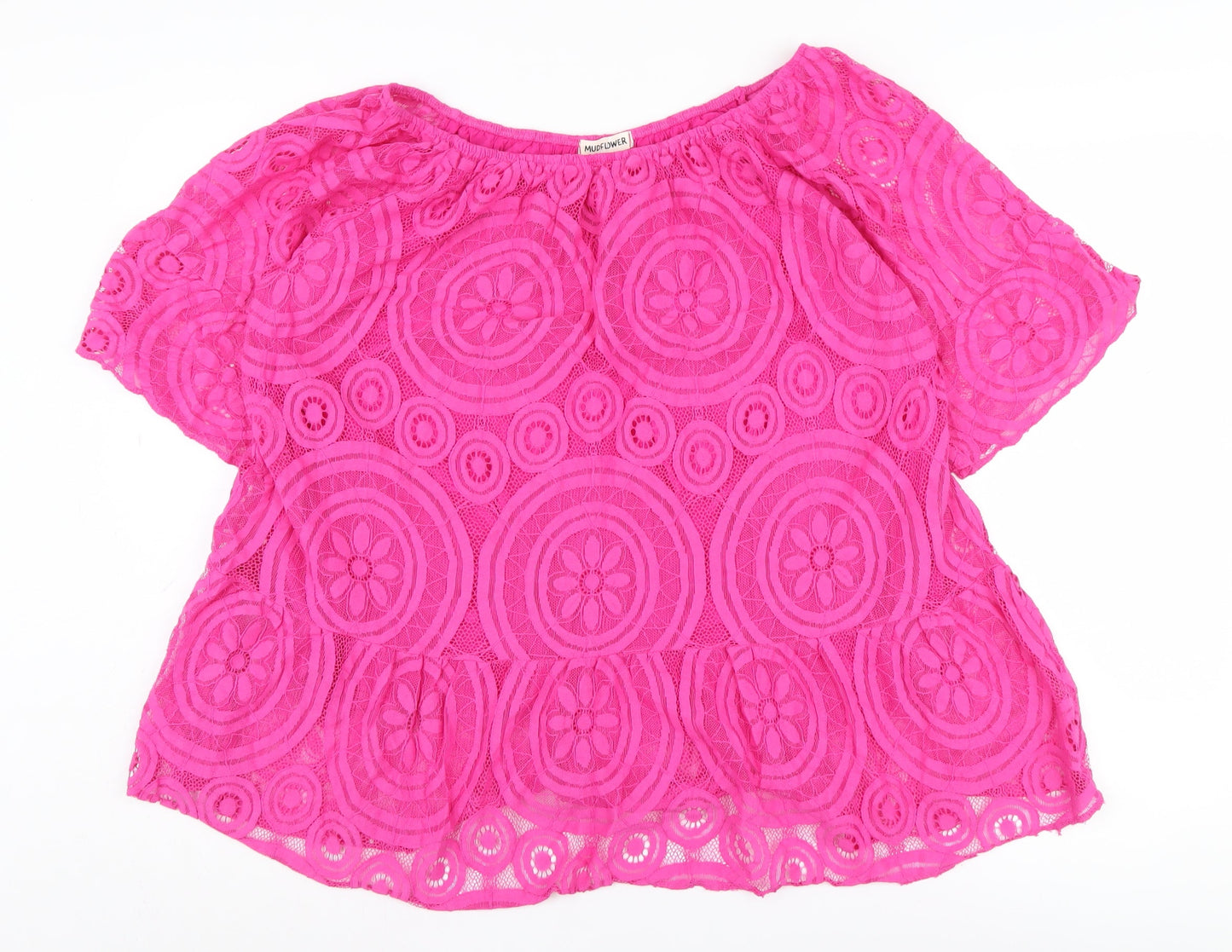Mudflower Women's Pink Lace Blouse Short Sleeve