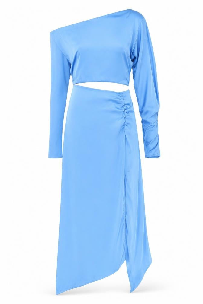 Front view of Stradivarius Blue One Shoulder Asymmetric Dress L