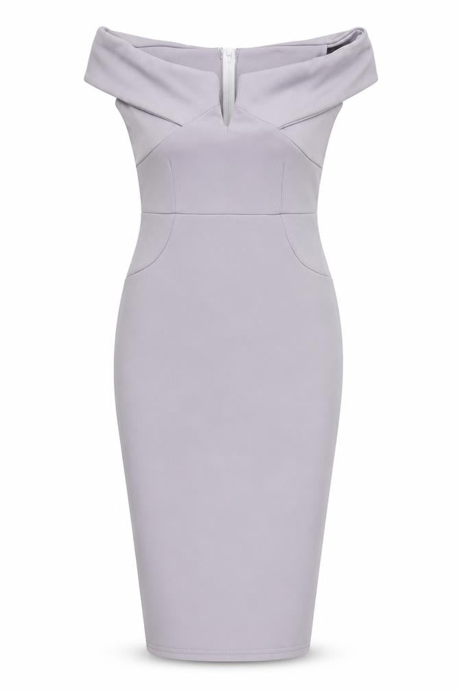 Front view of Missguided Women Off Shoulder Grey Pencil Dress UK 8