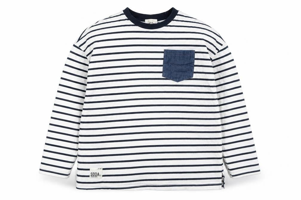 SODA Kids Boys Striped Cotton T-Shirt, White/Black, 13-14Y