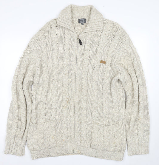 Les Copains Mens Beige Full Zip Cable-Knit Jumper Size S