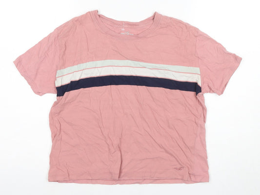 Hollister Women's Pink Striped T-Shirt, Size M, Casual