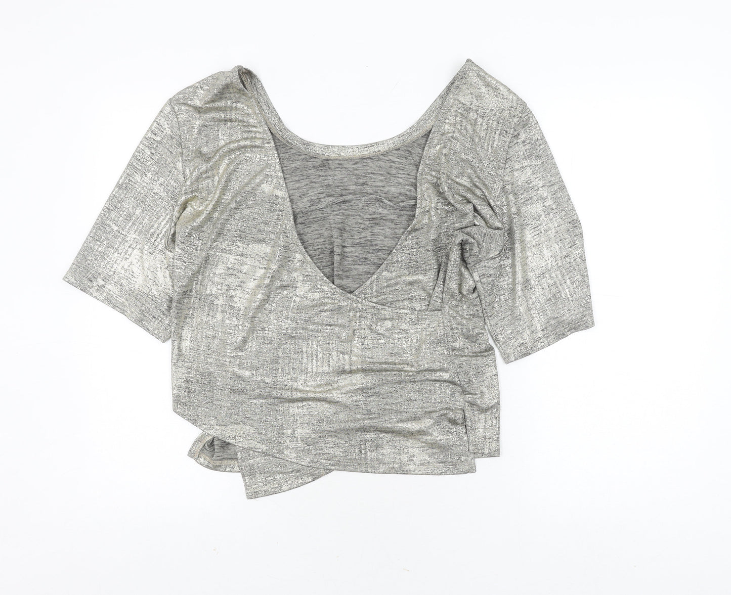 River Island Women Grey Cropped Blouse V-Neck Size 14