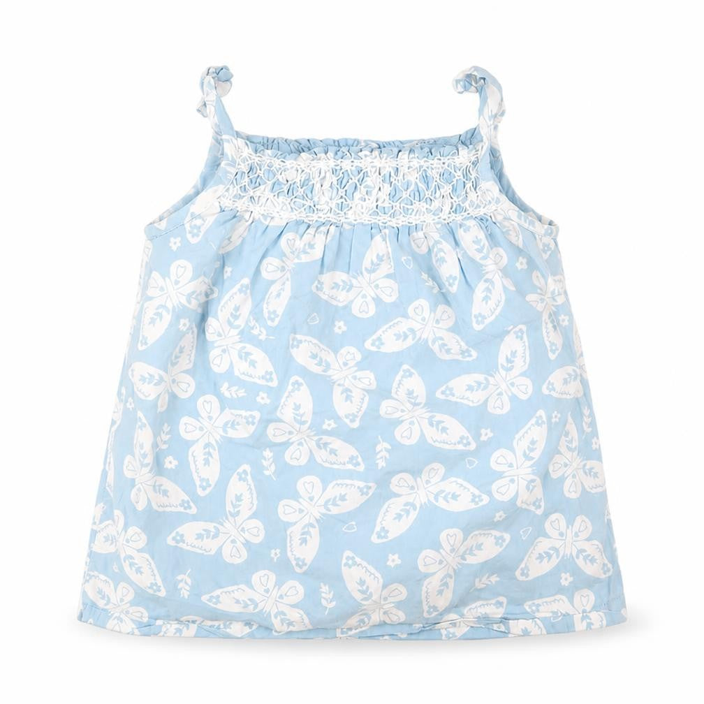 Front view of Baby Boden Blue girls’ butterfly tank top 2-3 years