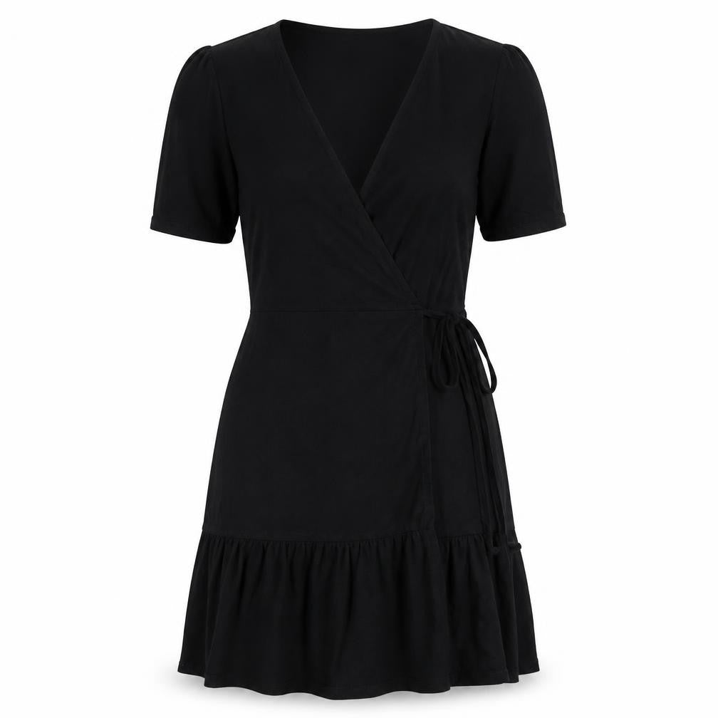 Front view of ASOS Black Wrap Dress -, size 12, Women's Half Sleeve