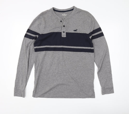 Hollister Men's Grey Long Sleeve Henley T-Shirt, S