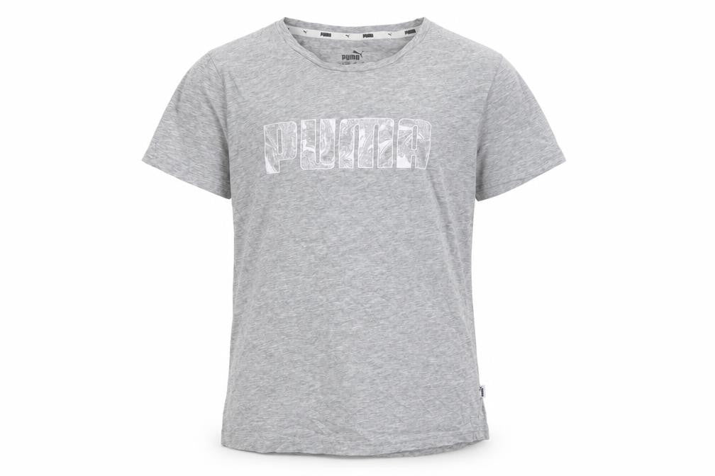 Front view of Puma boys’ grey graphic print t-shirt, crew neck, 13-14 years