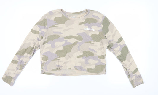 Hollister Women's Beige Camo T-Shirt, Size S, Long Sleeve