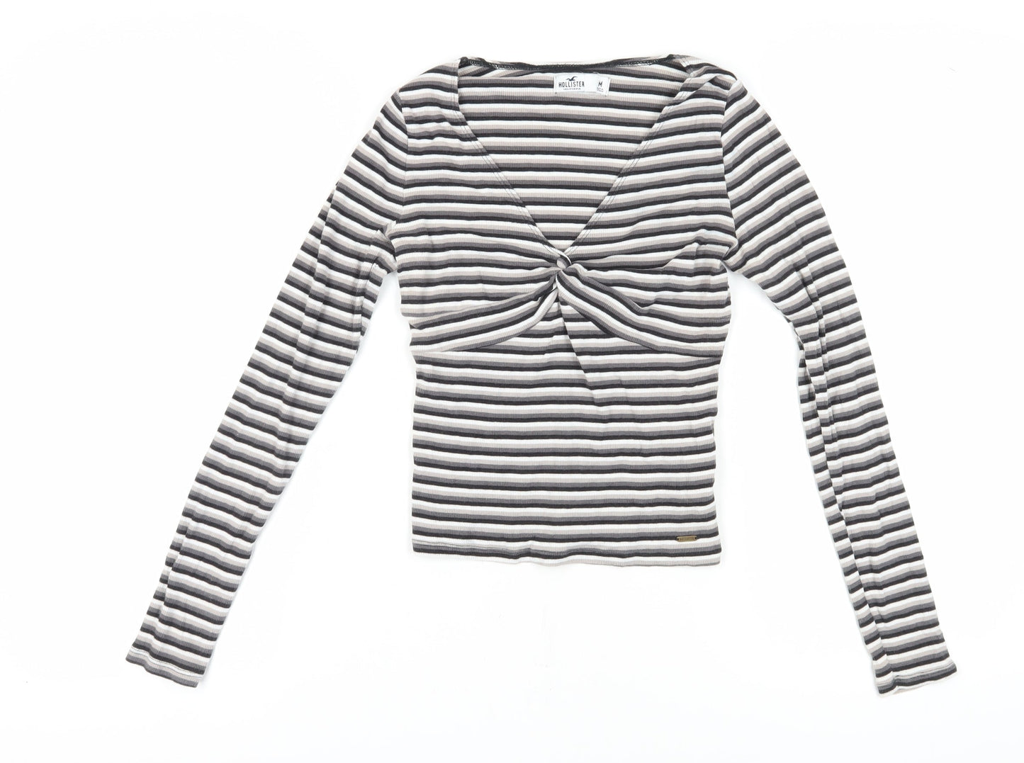 Hollister Women's Striped V-Neck T-Shirt Black M