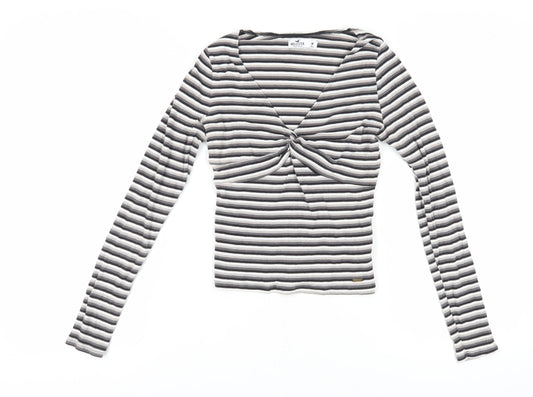 Hollister Women's Striped V-Neck T-Shirt Black M