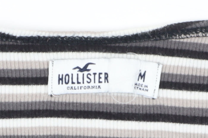 Hollister Women's Striped V-Neck T-Shirt Black M