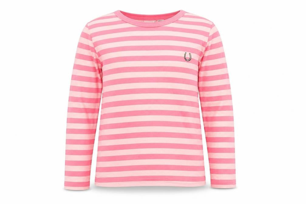 Front view of Joanie girls’ pink striped ringer t-shirt xs