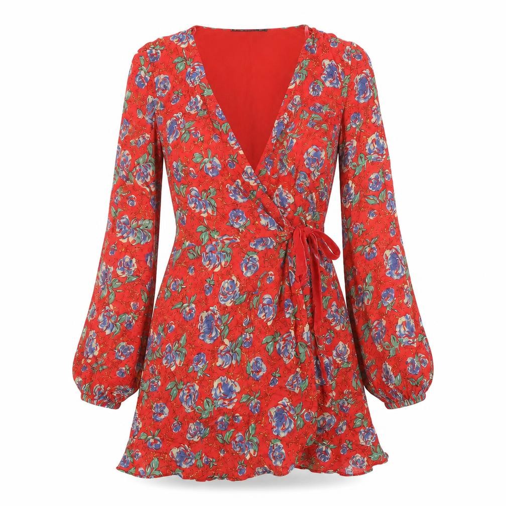 Trafaluc Red Floral Short Wrap Dress Size 8