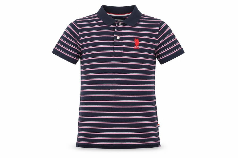 Front view of U.S. Polo Assn. girls’ navy striped polo shirt, size 10-11, years