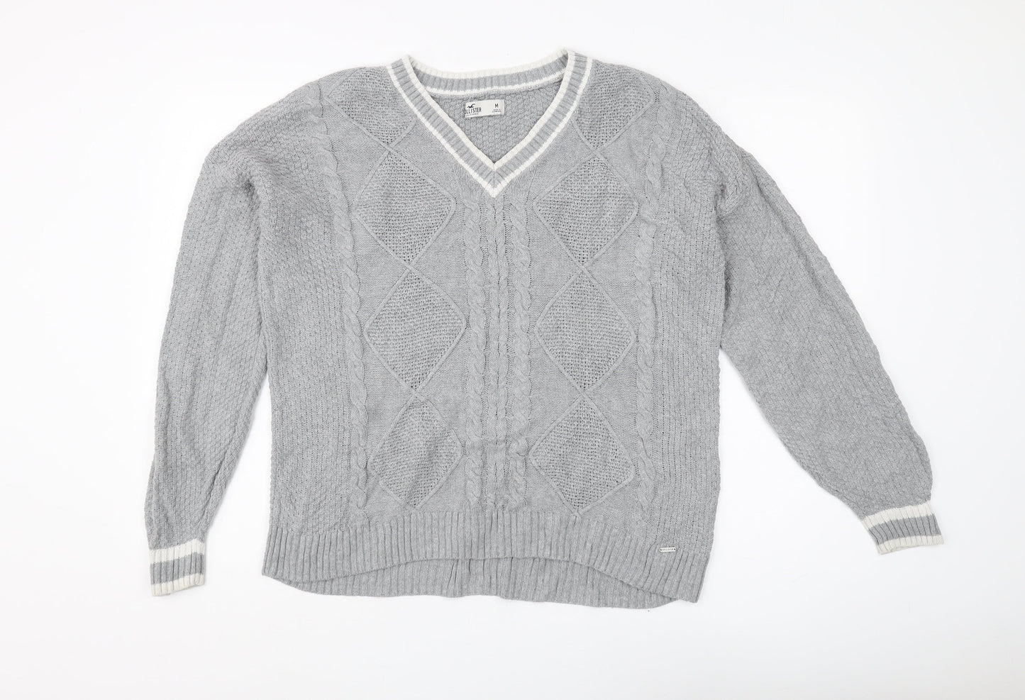 Hollister Women's Grey V-Neck Cable-Knit Jumper M