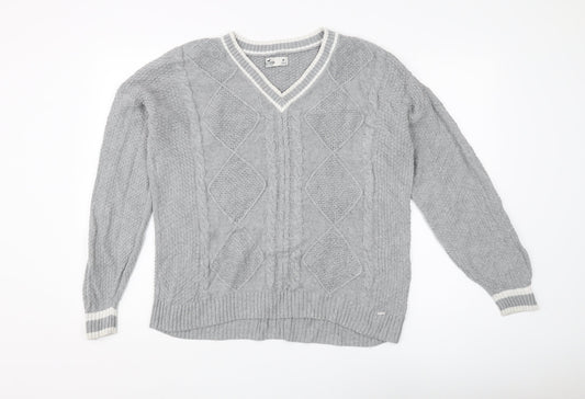 Hollister Women's Grey V-Neck Cable-Knit Jumper M