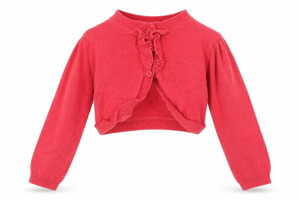 Front view of JoJo Maman Bébé girls’ red cotton shrug, 36 months, knit jumper